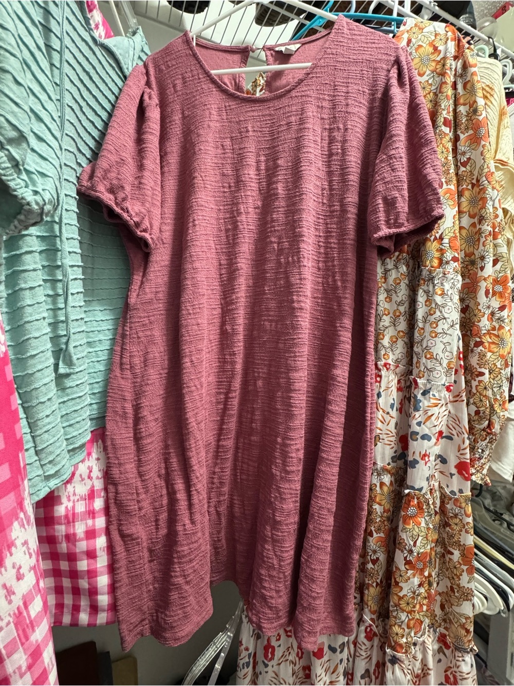 Mauve Textured Short Sleeve Shift Dress